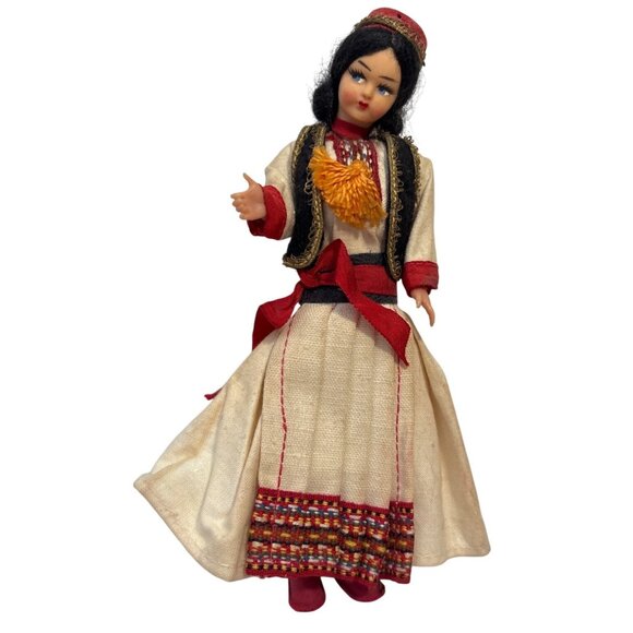 Vintage Folk Doll In Traditional Costume With Embroidered Details & Red Accents - Picture 1 of 7